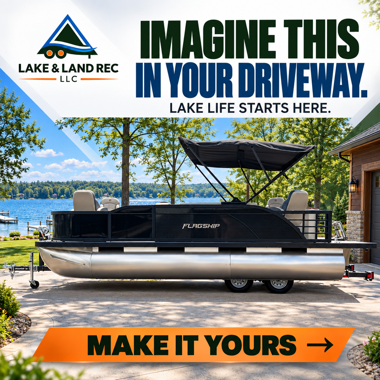 Flagship pontoon boat at Lake & Land Rec, lake life starts here