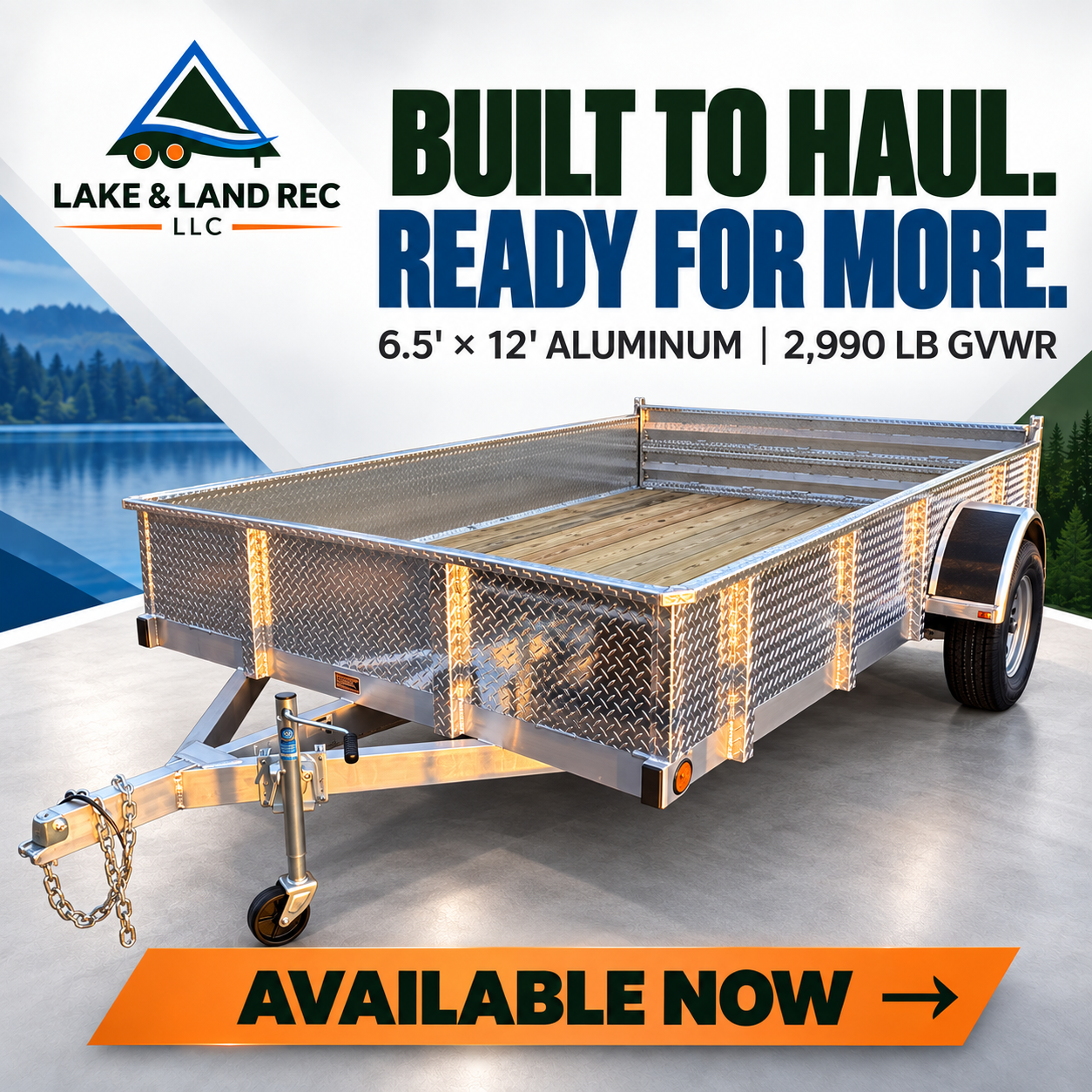 6.5 by 12 aluminum utility trailer, 2,990 lb GVWR, available now at Lake & Land Rec